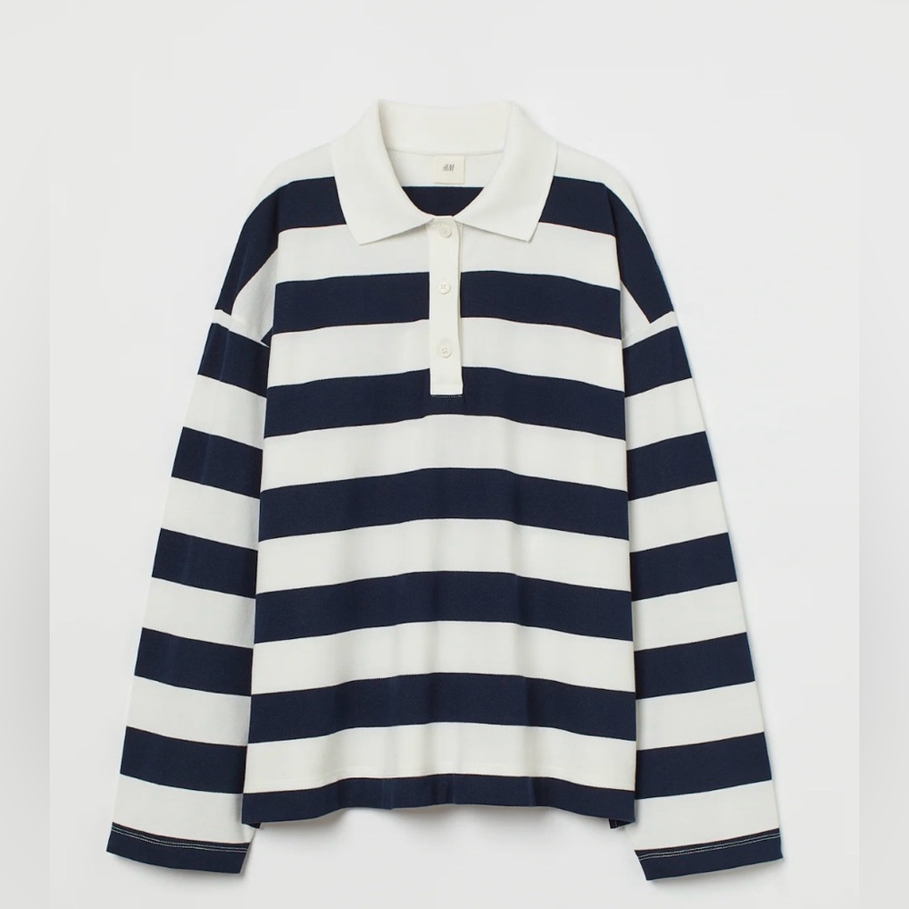 H&M Long Sleeved Polo Shirt Stripped Dark Blue White Size XS
